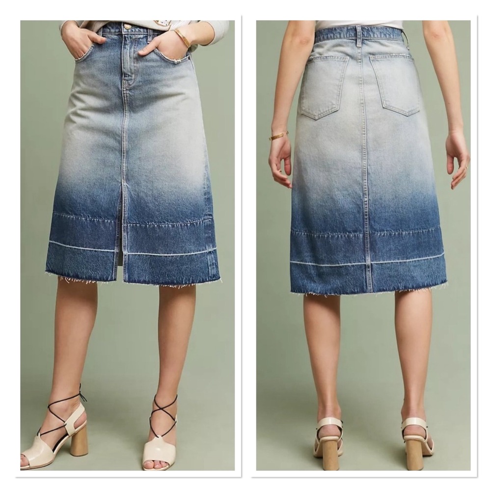 Current Elliott The Slit Midi Skirt Indigo Ombre Front Slit Frayed Hem 24 NEW‎